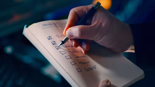 A hand ticking off items on a handwritten checklist