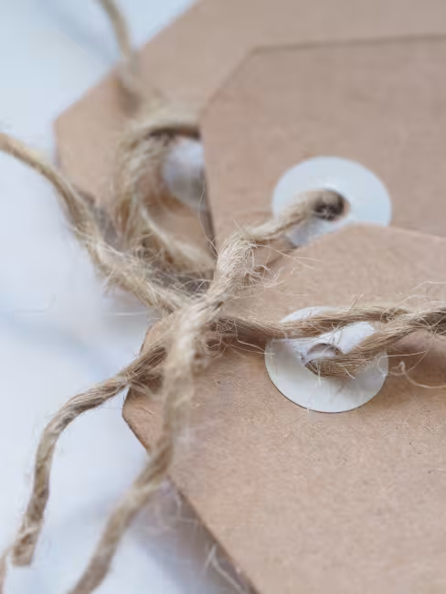 Close-up of blank kraft paper tags tied together with twine